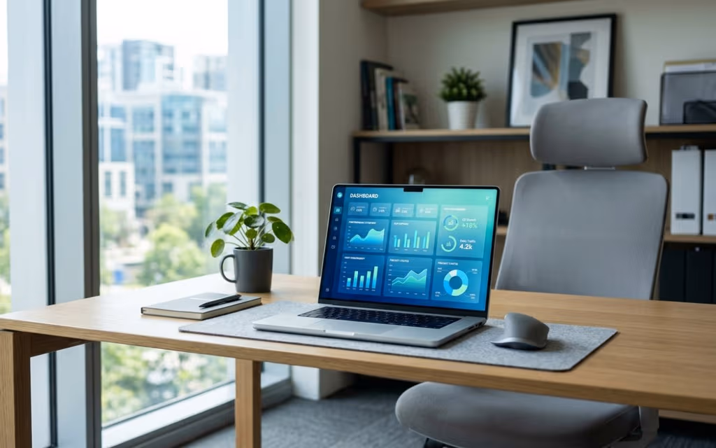 Sleek laptop on minimalist desk with vibrant dashboard, natural light, and blurred professional workspace in calming blues and greens.