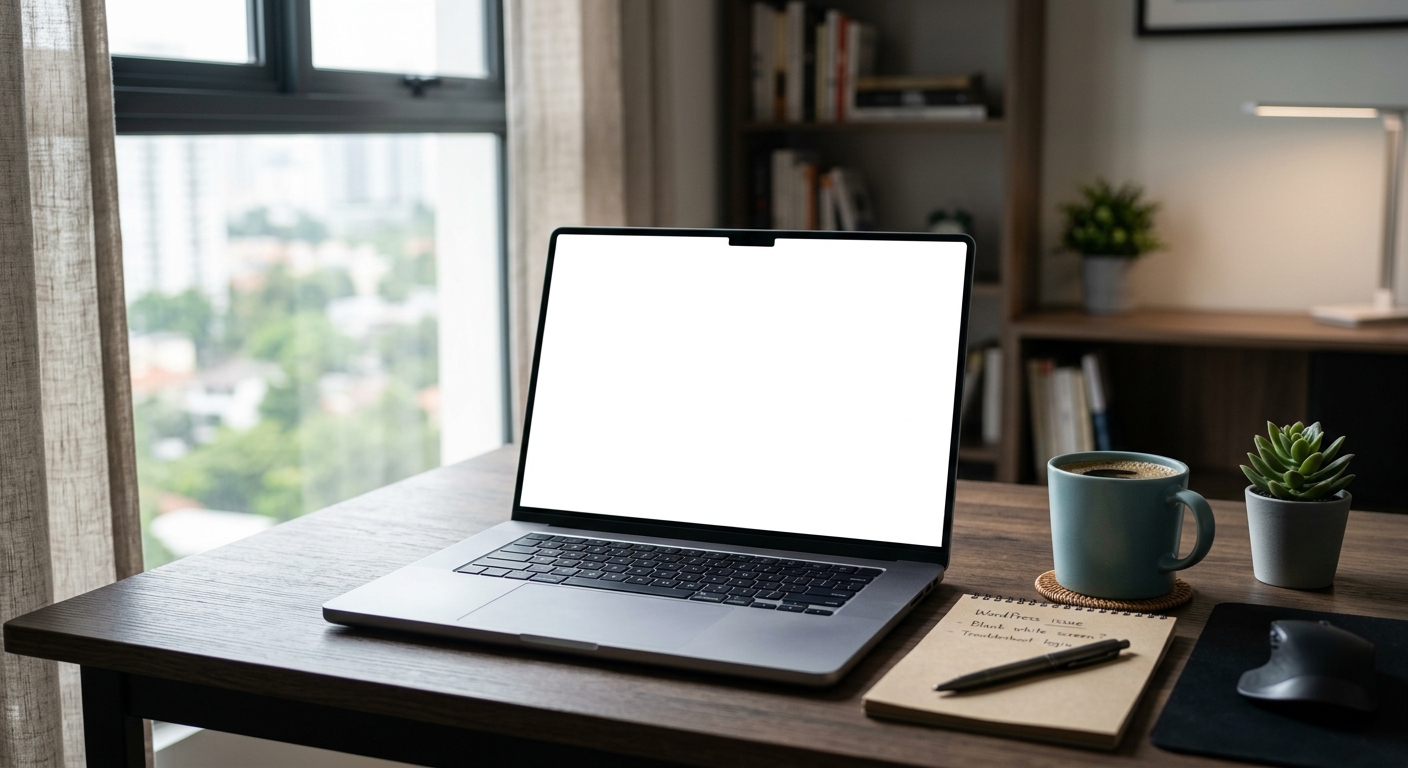 Modern workspace with a laptop showing a blank screen, symbolizing a WordPress login issue, coffee, and notepad nearby.