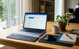 Modern office desk with a laptop showing an email client, bathed in soft natural light, with a potted plant and notebook nearby.
