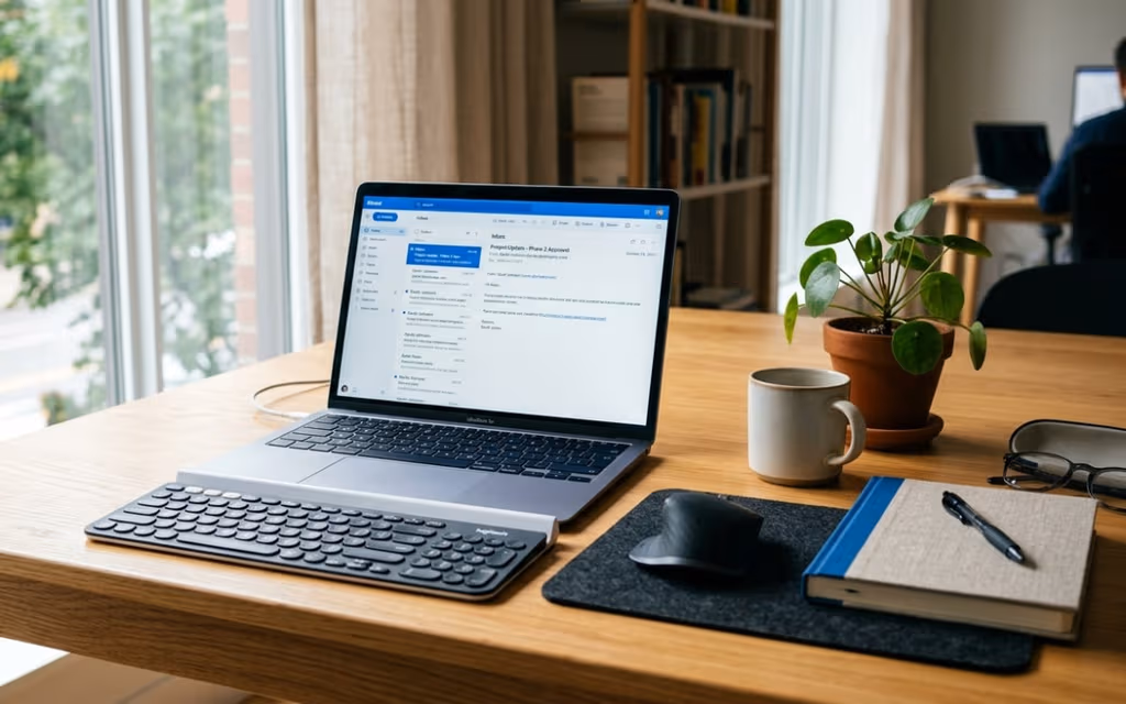 Modern office desk with a laptop showing an email client, bathed in soft natural light, with a potted plant and notebook nearby.