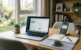 Modern workspace with a laptop showing WordPress, surrounded by tech gadgets, in soft natural light with calming blues and greens.